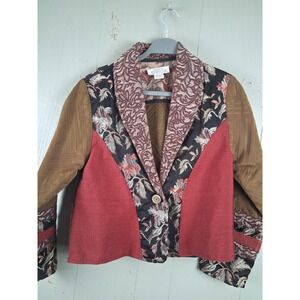 Sandy Starkman Patchwork Jaquard Jacket Womens Small Red Floral Mixed Textures